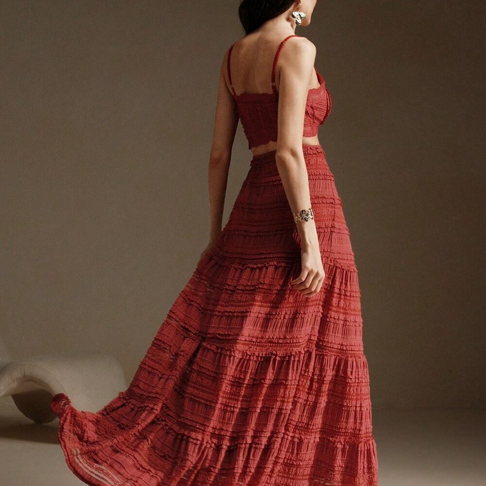 Red Elegant Women's Lace Camisole And Extra Long Skirt set - Picture 3 of 7